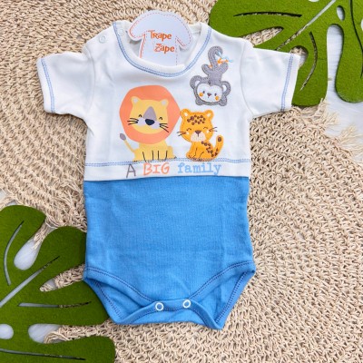 Kit 3 Peças - Bodys Manga Curta Wild Boy - Off White e Azul Jeans, Off White e Mostarda